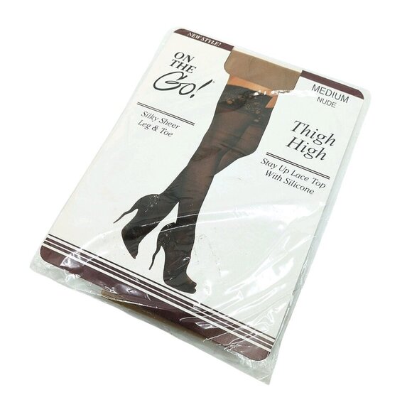 NEW On The Go! Lace Top Thigh High Silky Sheer Leg Toe Queen Size Nude Stockings - Picture 1 of 6